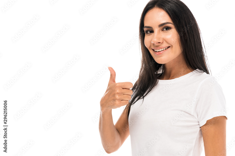 happy woman showing thumb up and smiling isolated on white happy woman showing thumb up and smiling isolated on white