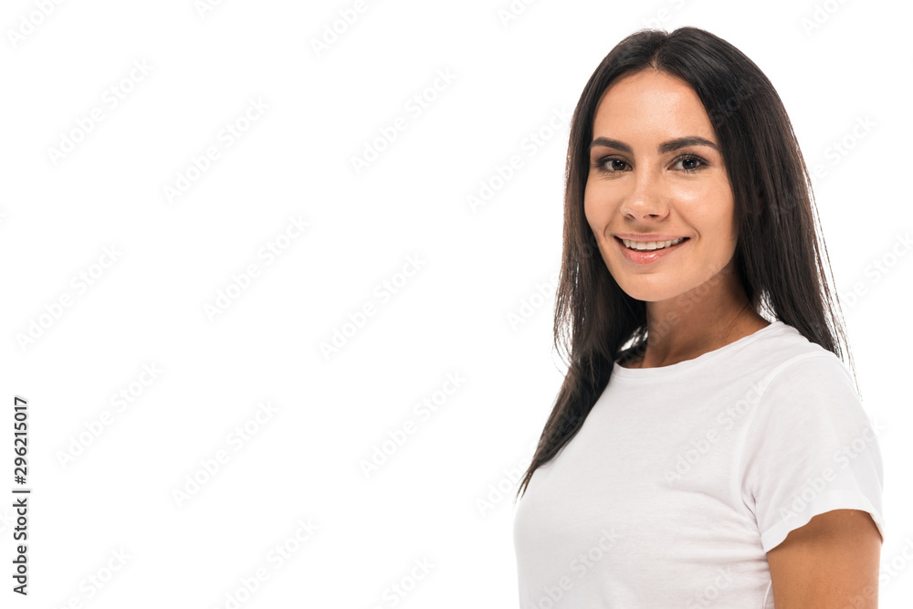 happy woman smiling while looking at camera isolated on white happy woman smiling while looking at camera isolated on white