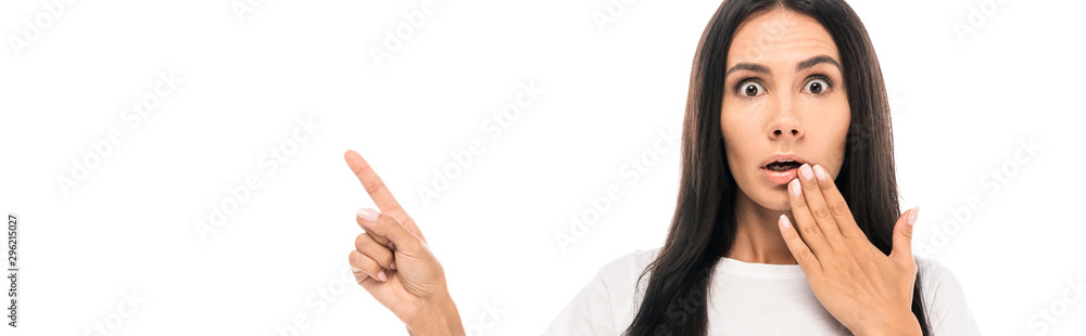 panoramic shot of shocked woman pointing with finger isolated on white panoramic shot of shocked woman pointing with finger isolated on white
