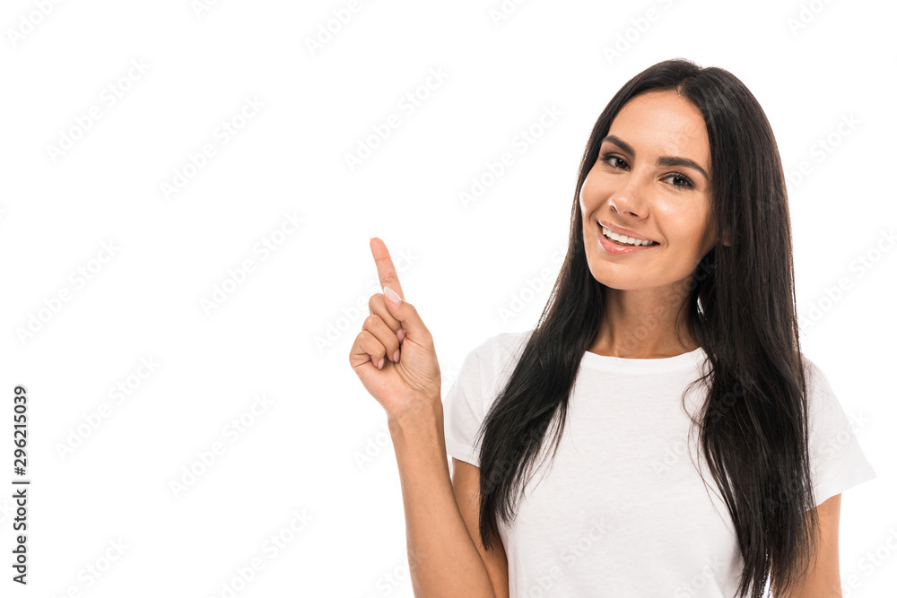 positive woman pointing with finger isolated on white positive woman pointing with finger isolated on white