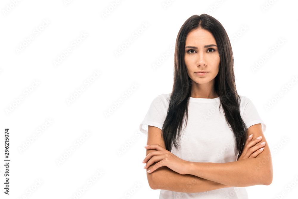 attractive woman standing with crossed arms isolated on white attractive woman standing with crossed arms isolated on white