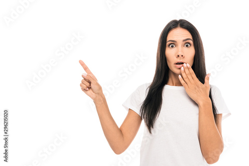 shocked woman pointing with finger isolated on white