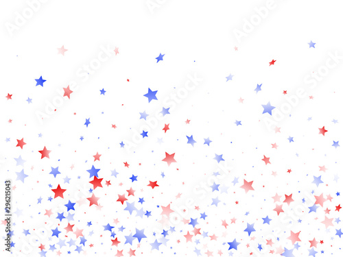 Flying red blue white star sparkles on white vector american patriotic background.
