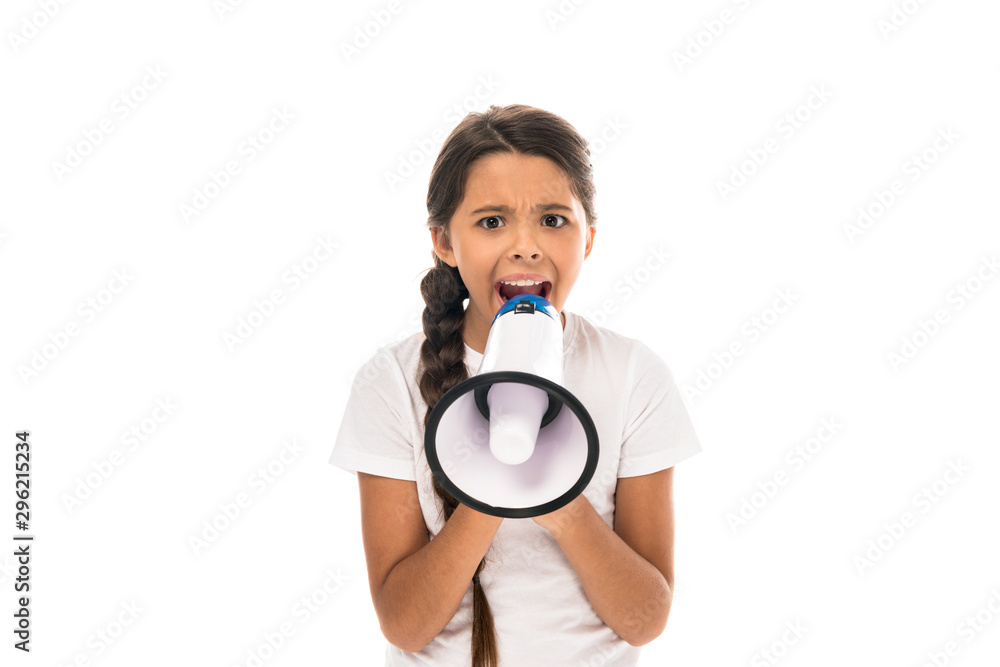 angry kid holding megaphone while screaming isolated on white angry kid holding megaphone while screaming isolated on white