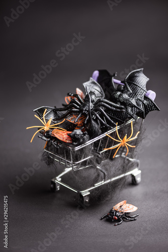 Halloween attributes spider, bat, mouse, fly in the supermarket trolley on the balck background