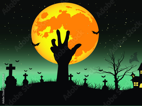 Halloween background concept, zombie hand rising out from the ground in the dark night with full moon. vector illustration.