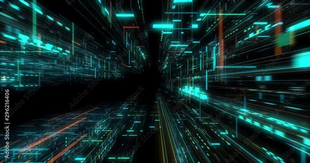 Quantum computer environment with digital technology, processing unit of an advanced Artificial intelligence. Flight through flow of digital information tunnel / cloud computing. loop / 3D render