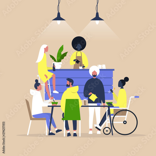 Restaurant scene, characters having lunch at the tables and at the bar counter