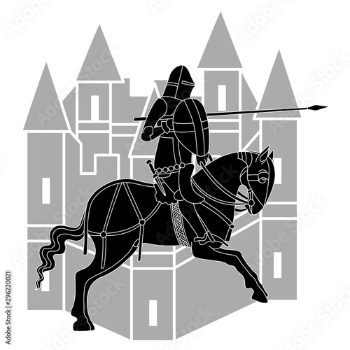 Medieval decor. Knight in armor riding a horse and castle. Monochrome silhouette.