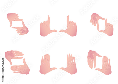 Hands making frame for video or photo. Various combinations of border made from fingers. Photoframe Gestures set. Photo camera icon. Flat Vector isolated white background.