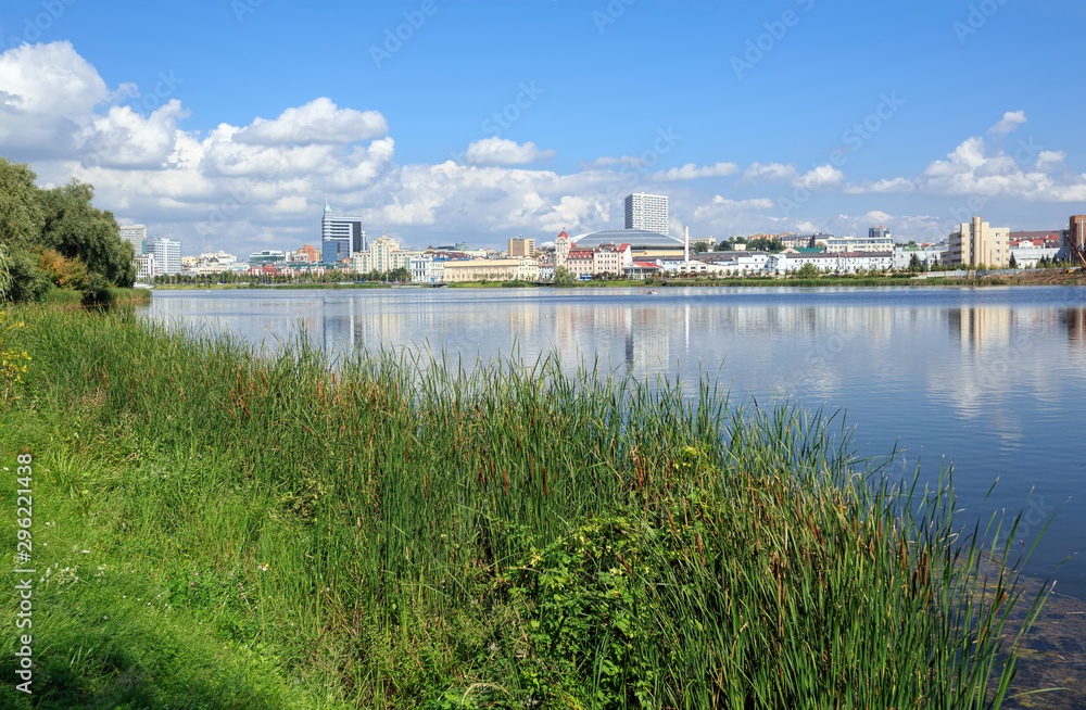 Cityscape at Lower Qaban lake, viewed from the Old Tatar Quarter. City of Kazan, Republic of Tatarstan, Russia.