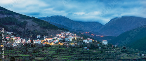 Panoramic view of the village of Cabeça in Serra da Estrela, Portugal, at dusk and with the Loriga throat in the background. photo