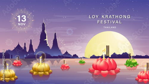 Loy Krathong Festival Vector. Thailand tradition on beautiful night background with temple reflection and full moon.
