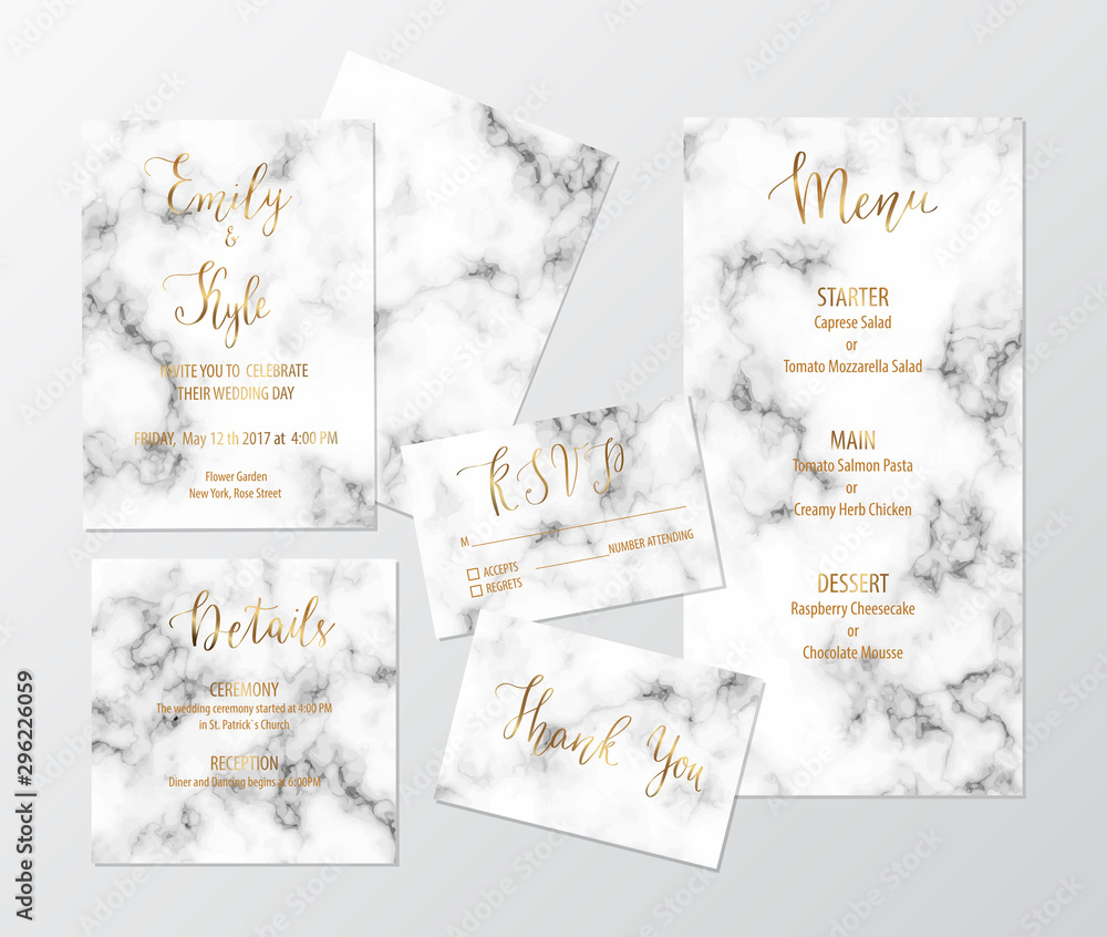 Wedding invite design set with marble texture and gold including invitation, menu, RSVP, thank you and details card. 