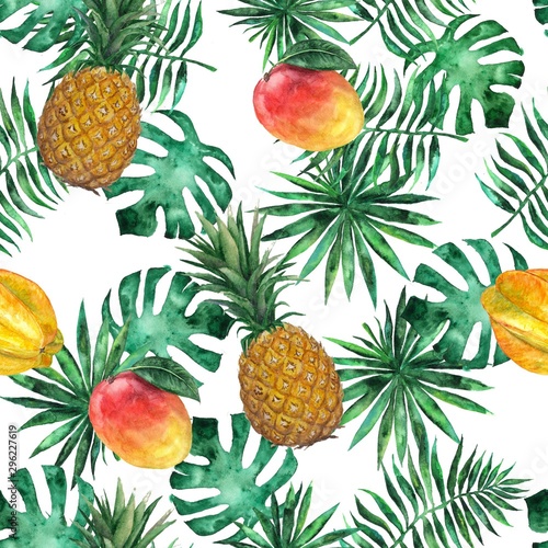 Fototapeta Naklejka Na Ścianę i Meble -  Seamless pattern with pineapple, mango, starfruit, carambola and leaves. Tropical, exotic, fashion.