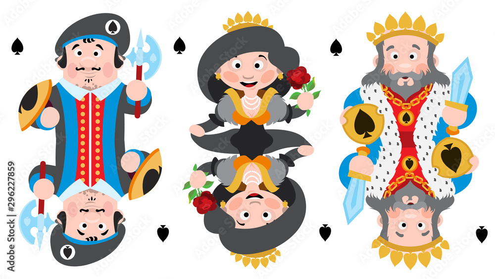 King, prince, queeen Spades. Playing cards with cartoon cute characters.