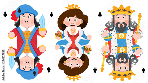 King, prince, queeen Clubs. Playing cards with cartoon cute characters.