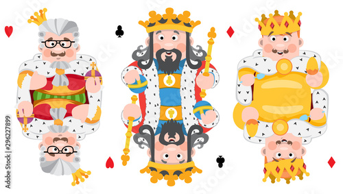 Kings of three suits: hearts, clubs and diamonds. Playing cards with cartoon cute characters.