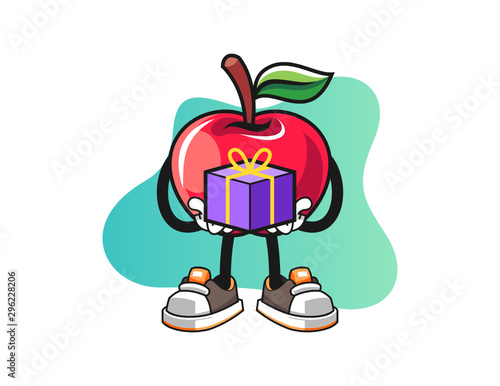 Apple give a gift mascot design vector. Cartoon character illustration for business, t shirt, sticker.