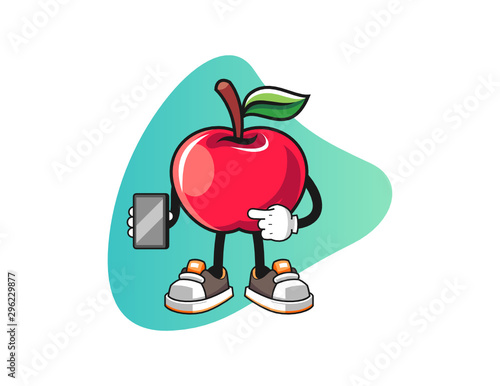 Apple hold smartphone mascot design vector. Cartoon character illustration for business, t shirt, sticker.