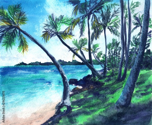 Watercolor hand drawn landscape of tropical beach. Sun, palm, wind, summer, nature, paradise. © Юлия Гришина