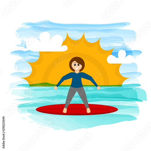 Girl doing surfing on a tropical beach - Vector