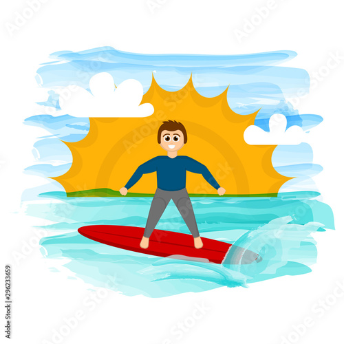 Man doing surfing on a tropical beach - Vector