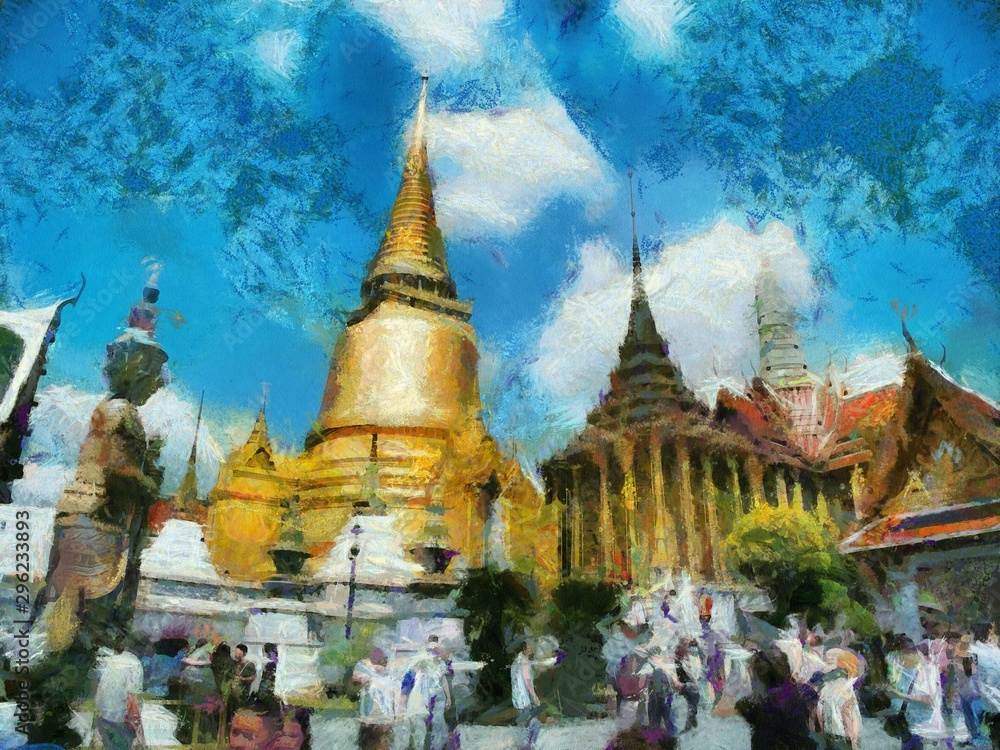 Fototapeta premium Tourist groups traveling at the Grand Palace, Bangkok Illustrations creates an impressionist style of painting.