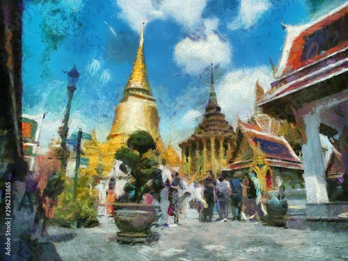 Tourist groups traveling at the Grand Palace, Bangkok Illustrations creates an impressionist style of painting.