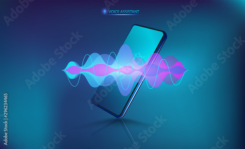 Voice assistant on the Smartphone. Isometric cellphone with sound wave. Microphone voice control technology, voice and sound recognition. Hi-tech AI assistant voice with mobile phone mockup. Vector