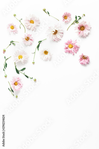 floral composition. beautiful frame of flowers buds and leaves of chrysanthemums on a white background. flat lay, copy space, vertical frame © Marina Shvetsova