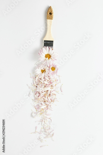 floral creative concept. paintbrush and pink paint. fresh flowers and petals of chrysanthemum flowers on a white background. top view, flat lay composition