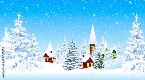 Snow-covered village and forest winter. Winter rural landscape. The night eve Christmas. Village, snow, forest. Shining stars and snowflakes in the night sky. Christmas winter night scene. Winter back