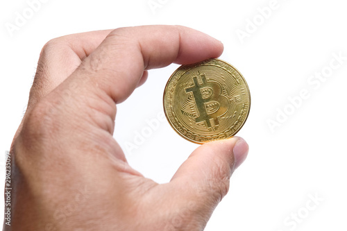 bitcoin on hand isolated white background