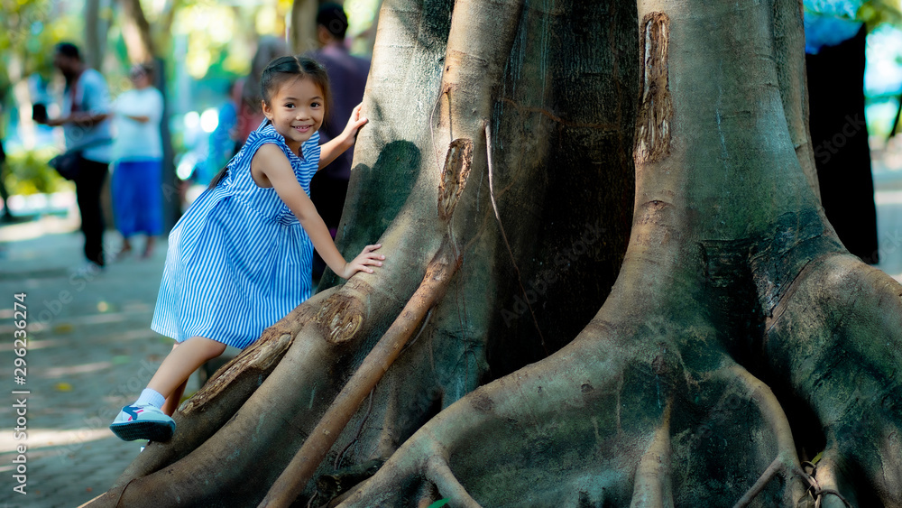 A little girl playing on the big tree A little girl playing on the big tree