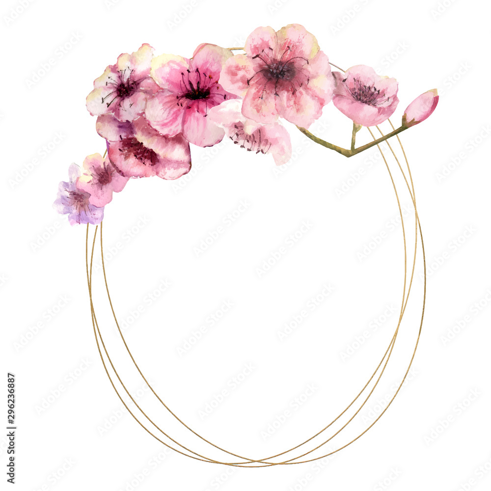 Cherry blossom, Sakura Branch with pink flowers on gold frame and isolated white background. Image of spring. Frame. Watercolor. Vector illustration. Cherry blossom, Sakura Branch with pink flowers on gold frame and isolated white background. Image of spring. Frame. Watercolor. Vector illustration.