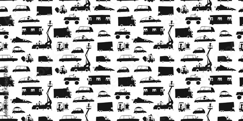 Baby toy cars collection, black silhouettes. Seamless pattern for fabric design