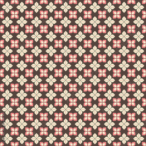 Indonesian batik seamless pattern with various motif javanese traditional culture, batik kawung in brown pink colorway, can applied to whole cloth