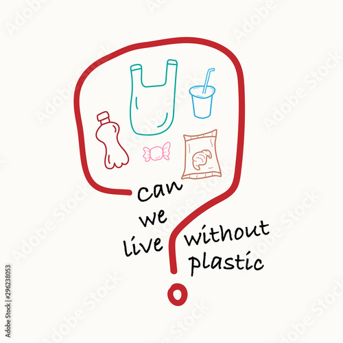 Question mark with single-use plastic icons inside as a gimmick representing the question, can we live without plastic? Vector illustration outline flat design style.