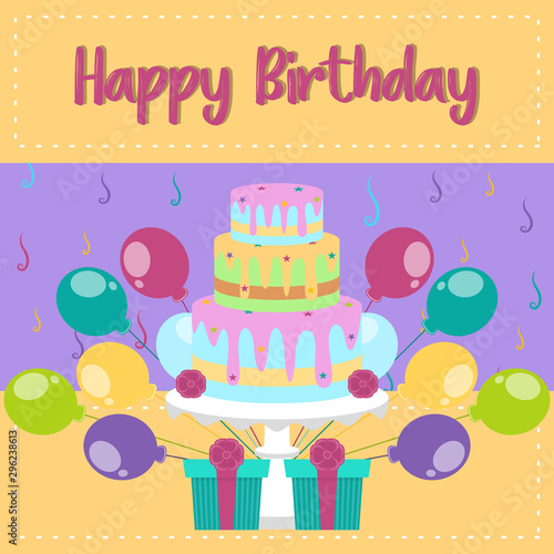 Colored birthday card with a birthday cake  balloons and presents - Vector
