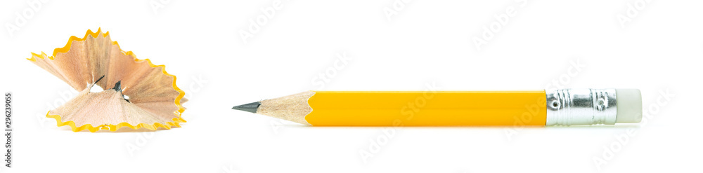 The yellow pencil and pencil sharpener on white background. The yellow pencil and pencil sharpener on white background.