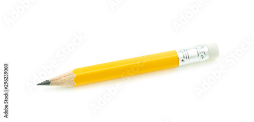 Small yellow pencil isolated on white background.