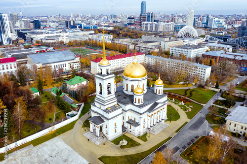 Flying over the Alexander Nevsky Cathedral. Novo-Tikhvin Nunnery. Yekaterinburg. Russia