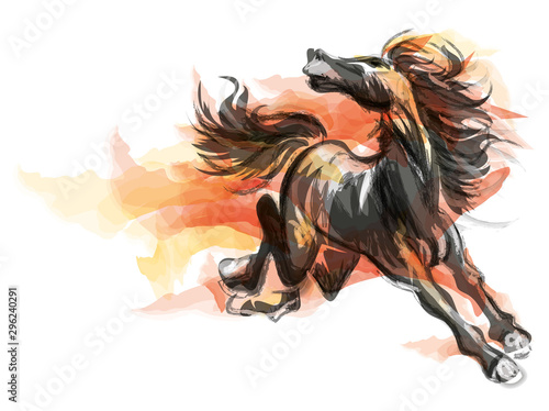 Fototapeta Orientalny styl malowanie biegnącego konia, tradycyjny chiński atrament i ilustracji wektorowych mycia. Koń w płomieniach.
