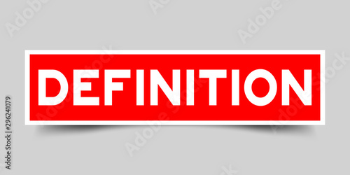 Label sticker in red color square shape as word definition on white background