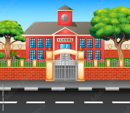 Modern school building exterior with highway