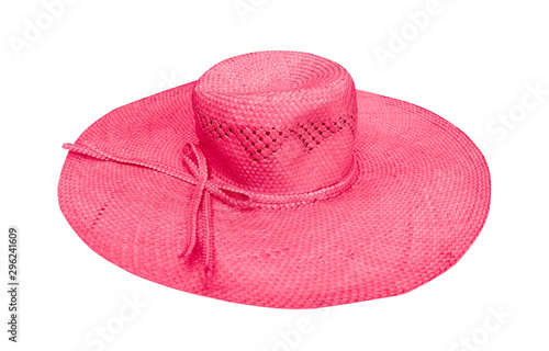 Red woman summer straw hat with bow pattern isolated on white background , clipping path