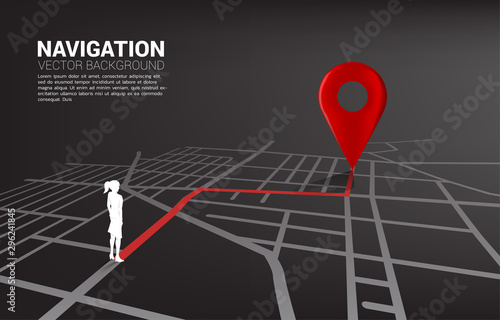 Route between 3D location pin markers and businesswoman on city road map. Concept for GPS navigation system infographic.