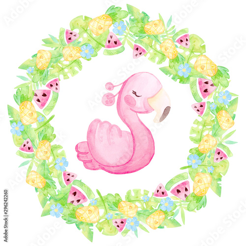 Hand painted watercolor. Cute cartoon illustration. Round wreath. Warm tropics. Flamingo, pineapple, watermelon, leaves, flowers. Isolated on white background