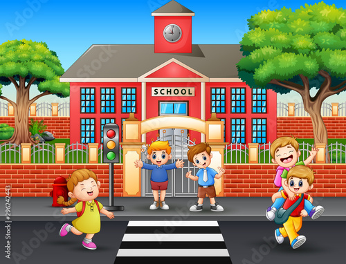 Happy students going home after school